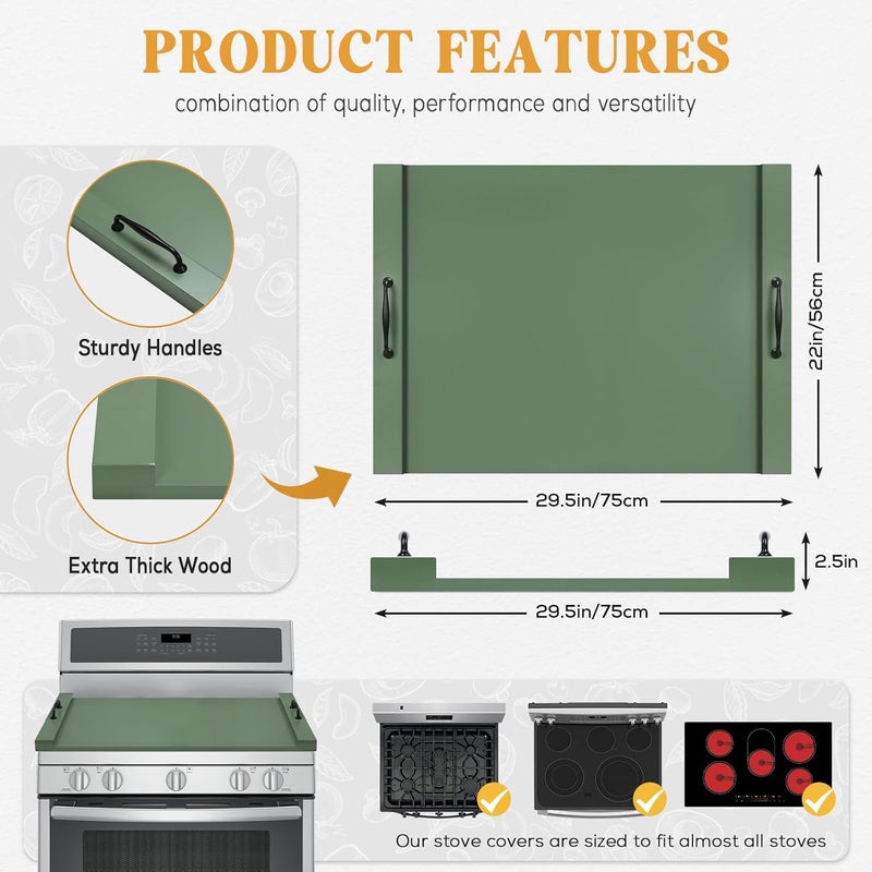 Gashell Noodle Board Stove Cover with Handles, Multiple Stove Top Cover Board for Electric/Gas Stove Top(Forest Green) - Image 2